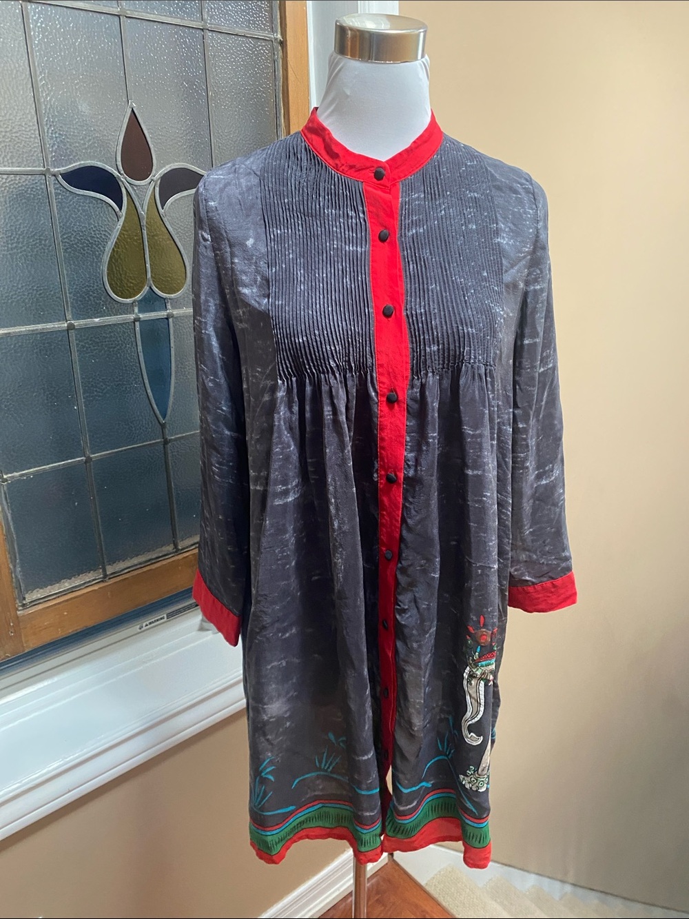 Gray Silk Tunic Dress with Red Trim and Elephant design